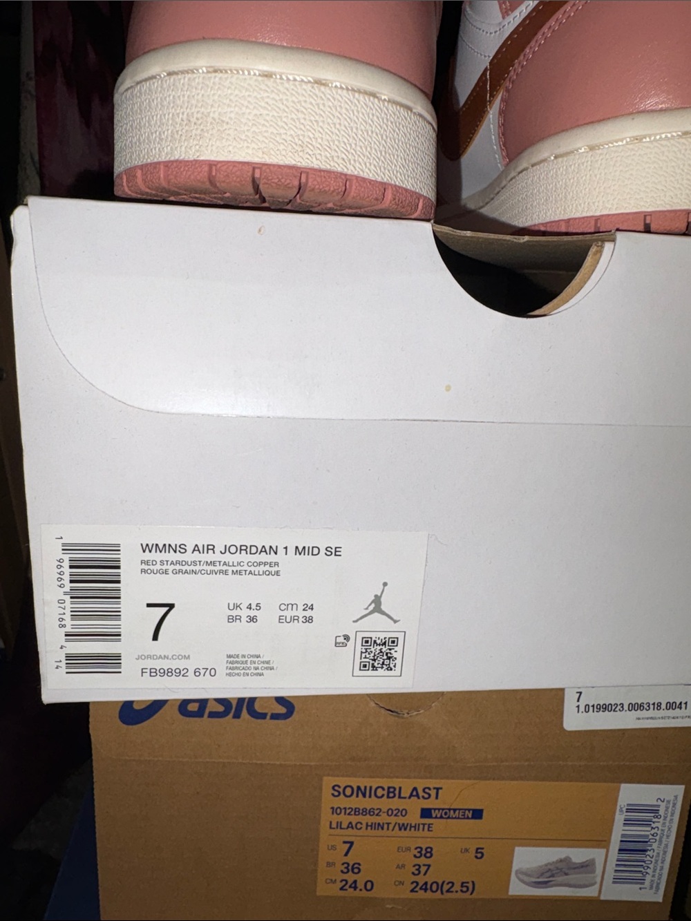 Jordan Women’s Pink and White High Top Sneakers with Metallic Rose Swoosh - Picture 6 of 7
